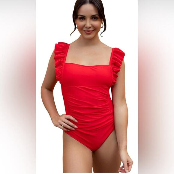 Red One Piece Swimsuit With Ruffles- Size Medium - Picture 5 of 6
